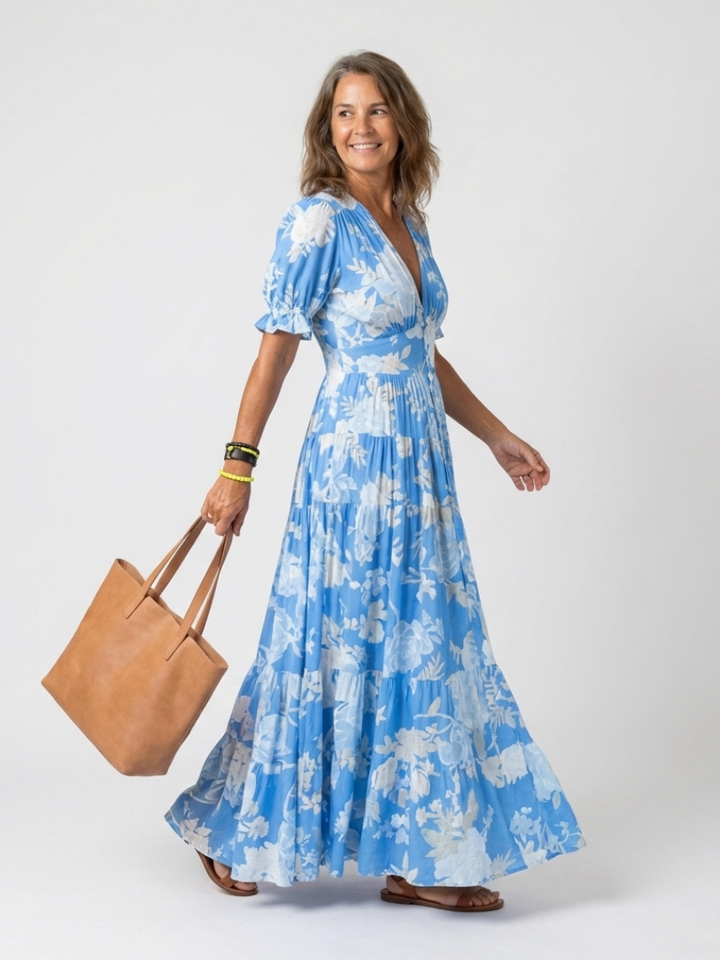 Ione | Short Sleeve V Neck Floral Midi Dress - Maison Léa &amp; Lou