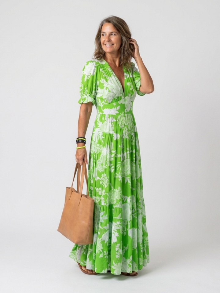 Ione | Short Sleeve V Neck Floral Midi Dress - Maison Léa &amp; Lou