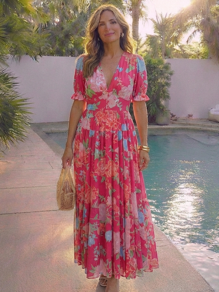 Ione | Short Sleeve V Neck Floral Midi Dress - Maison Léa &amp; Lou