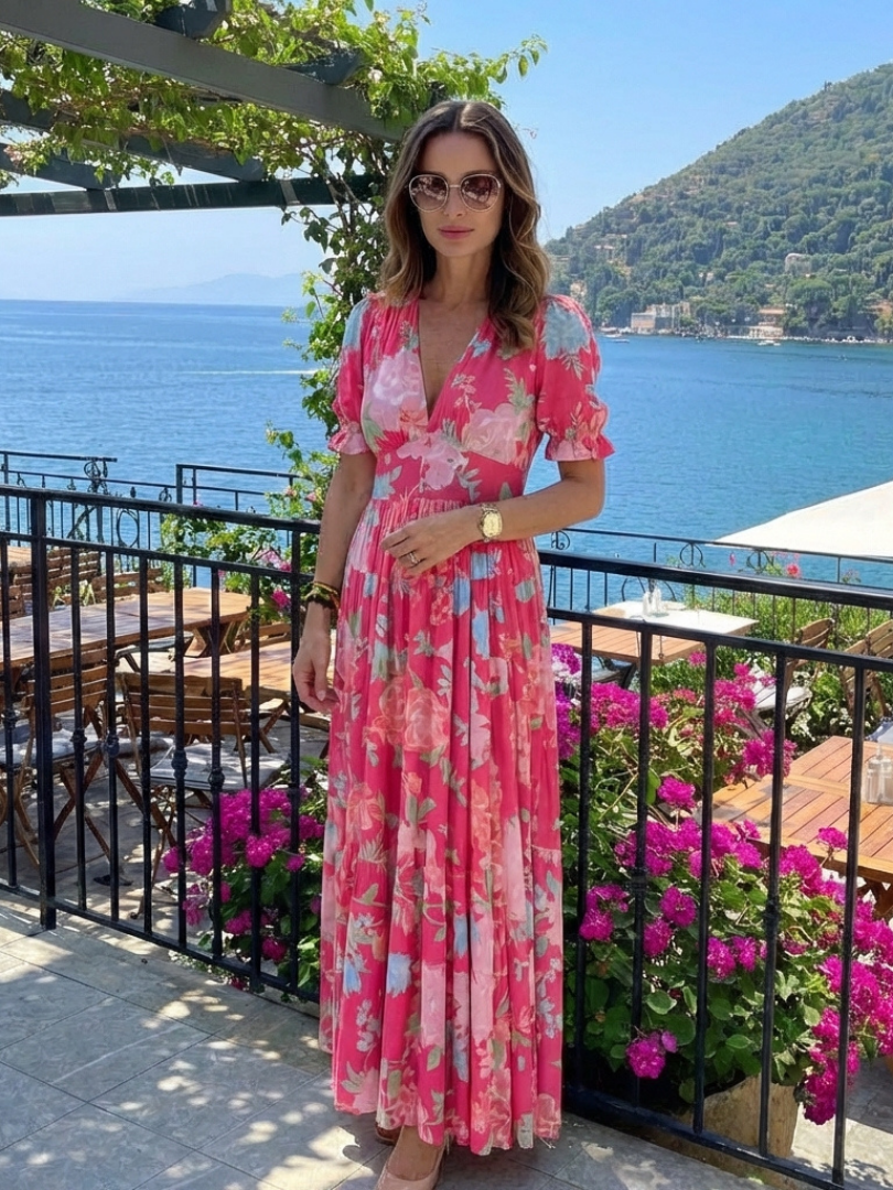 Ione | Short Sleeve V Neck Floral Midi Dress - Maison Léa &amp; Lou