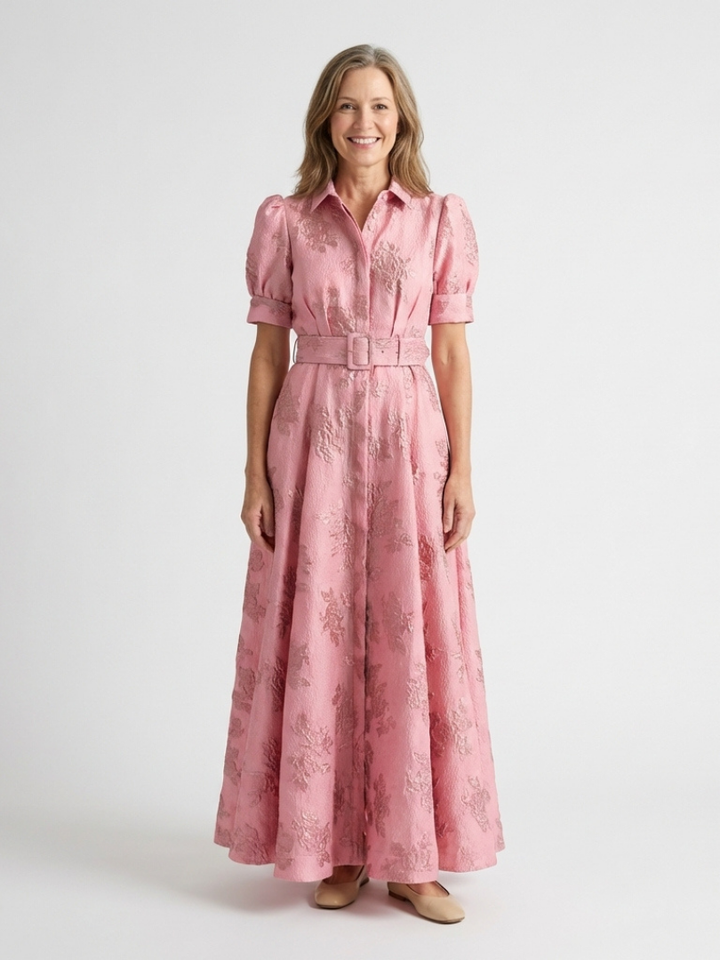 Xanthea | Short Sleeve Belted Floral Textured Maxi Shirt Dress - Maison Léa &amp; Lou