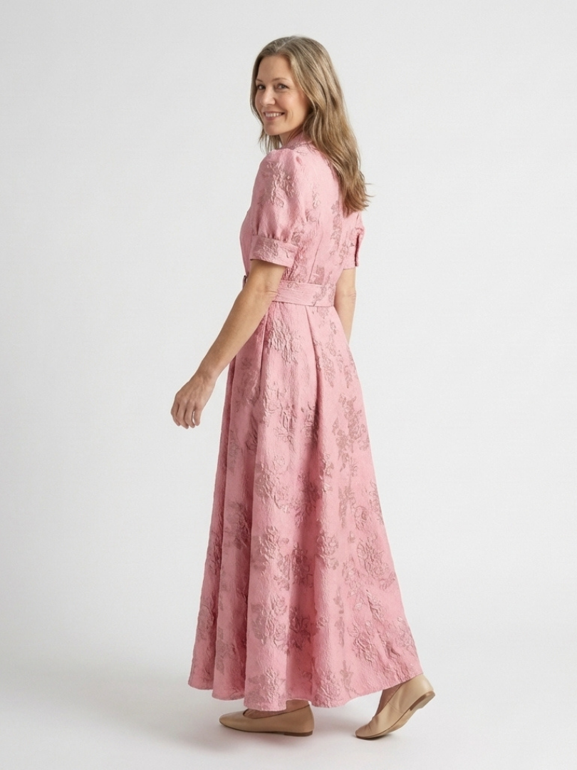 Xanthea | Short Sleeve Belted Floral Textured Maxi Shirt Dress - Maison Léa &amp; Lou