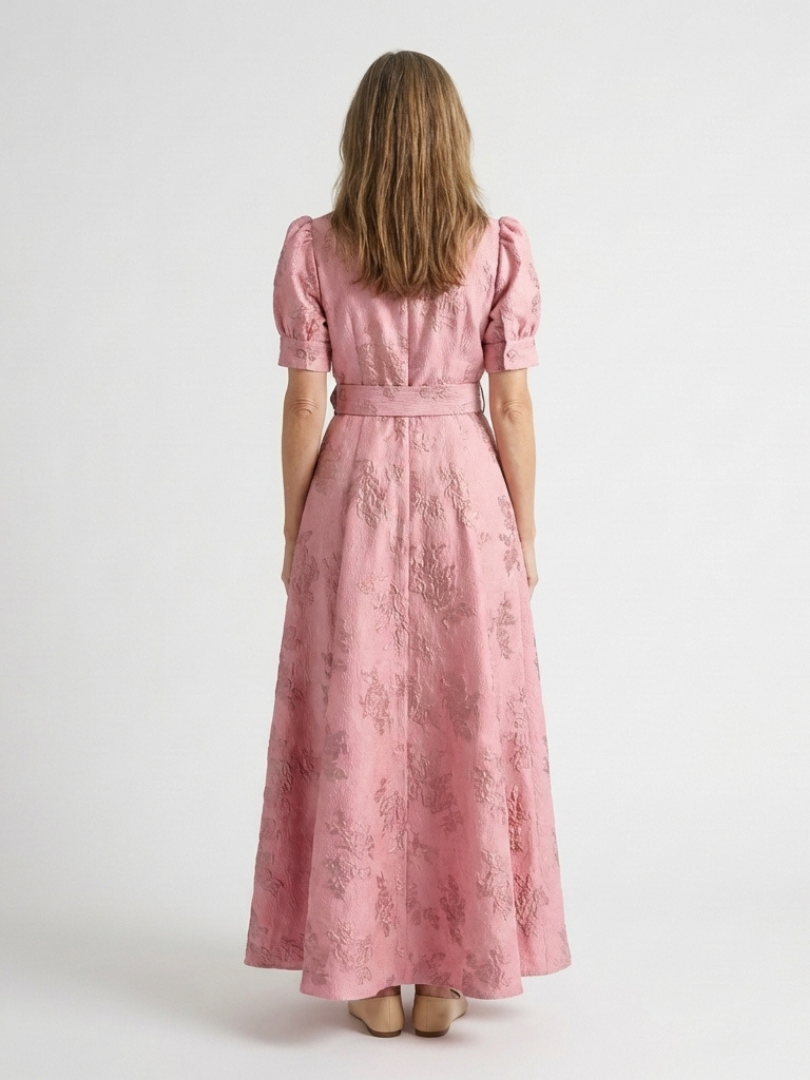 Xanthea | Short Sleeve Belted Floral Textured Maxi Shirt Dress - Maison Léa &amp; Lou