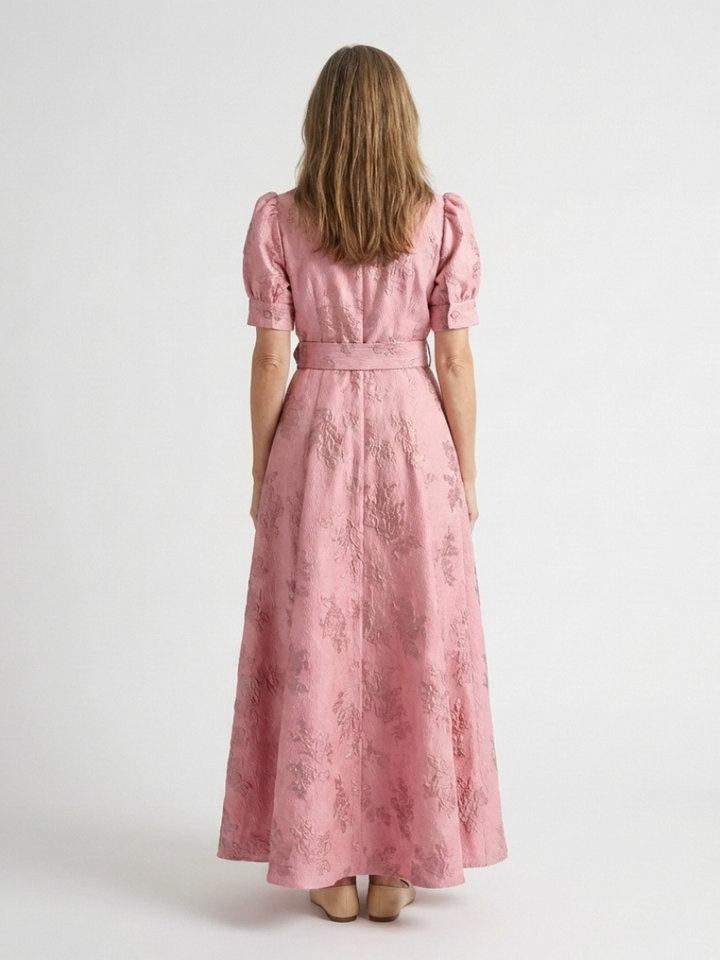 Xanthea | Short Sleeve Belted Floral Textured Maxi Shirt Dress - Maison Léa &amp; Lou