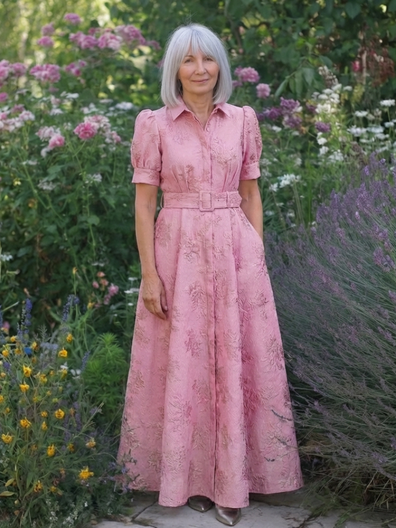 Xanthea | Short Sleeve Belted Floral Textured Maxi Shirt Dress - Maison Léa &amp; Lou