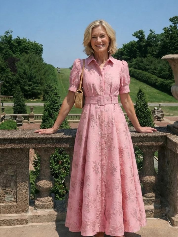 Xanthea | Short Sleeve Belted Floral Textured Maxi Shirt Dress - Maison Léa &amp; Lou