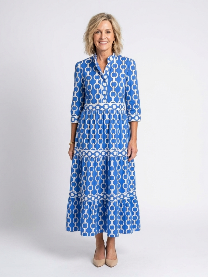 Ysolde | Three Quarter Sleeve Chain Pattern Midi Dress - Maison Léa &amp; Lou
