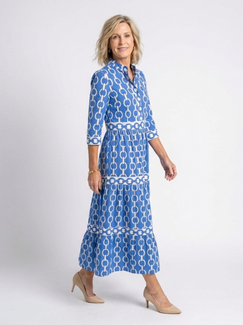 Ysolde | Three Quarter Sleeve Chain Pattern Midi Dress - Maison Léa &amp; Lou