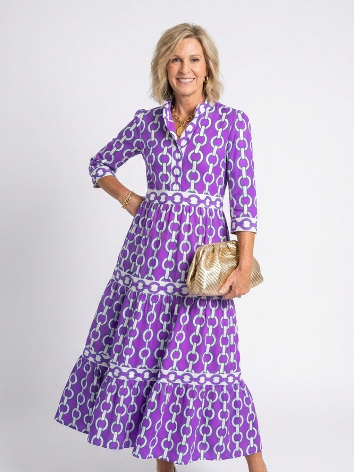 Ysolde | Three Quarter Sleeve Chain Pattern Midi Dress - Maison Léa &amp; Lou