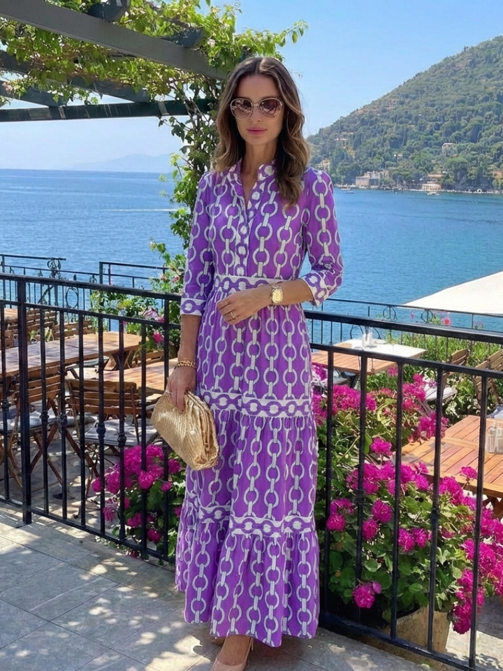 Ysolde | Three Quarter Sleeve Chain Pattern Midi Dress - Maison Léa &amp; Lou