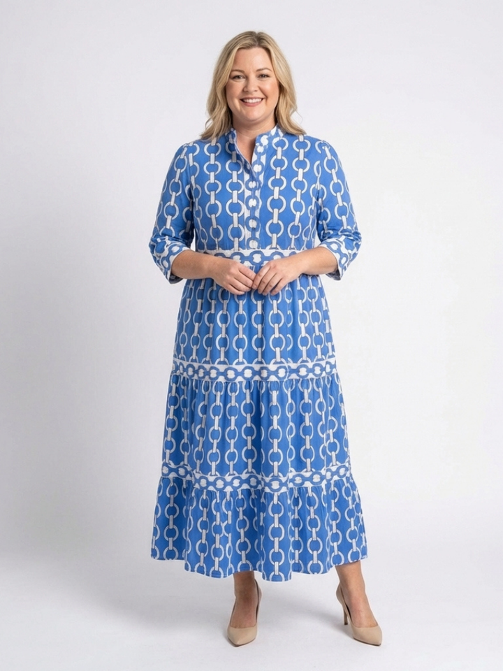 Ysolde | Three Quarter Sleeve Chain Pattern Midi Dress - Maison Léa &amp; Lou