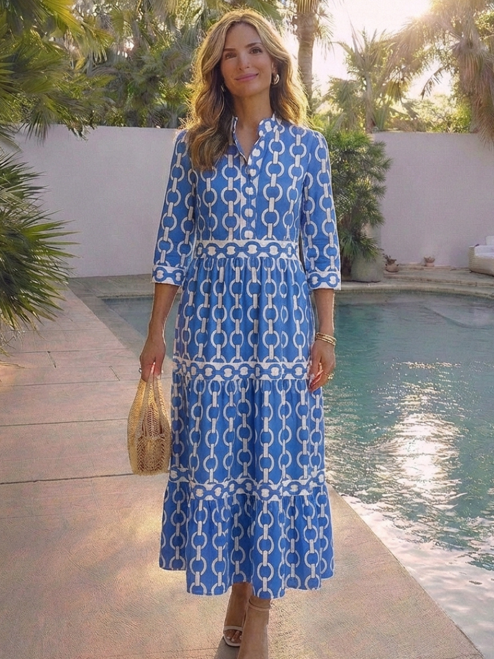 Ysolde | Three Quarter Sleeve Chain Pattern Midi Dress - Maison Léa &amp; Lou