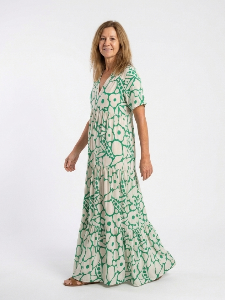 Zuleika | Short Sleeve V Neck Floral Midi Dress - Maison Léa &amp; Lou