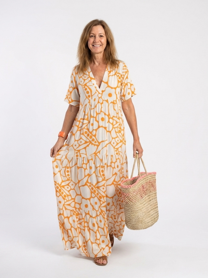 Zuleika | Short Sleeve V Neck Floral Midi Dress - Maison Léa &amp; Lou