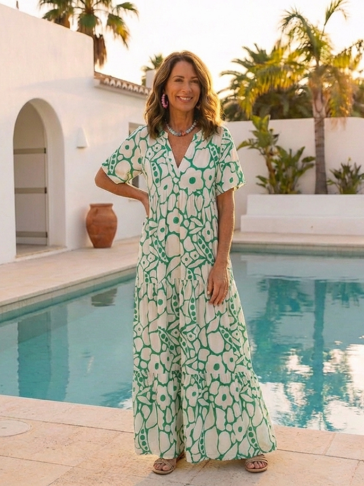 Zuleika | Short Sleeve V Neck Floral Midi Dress - Maison Léa &amp; Lou