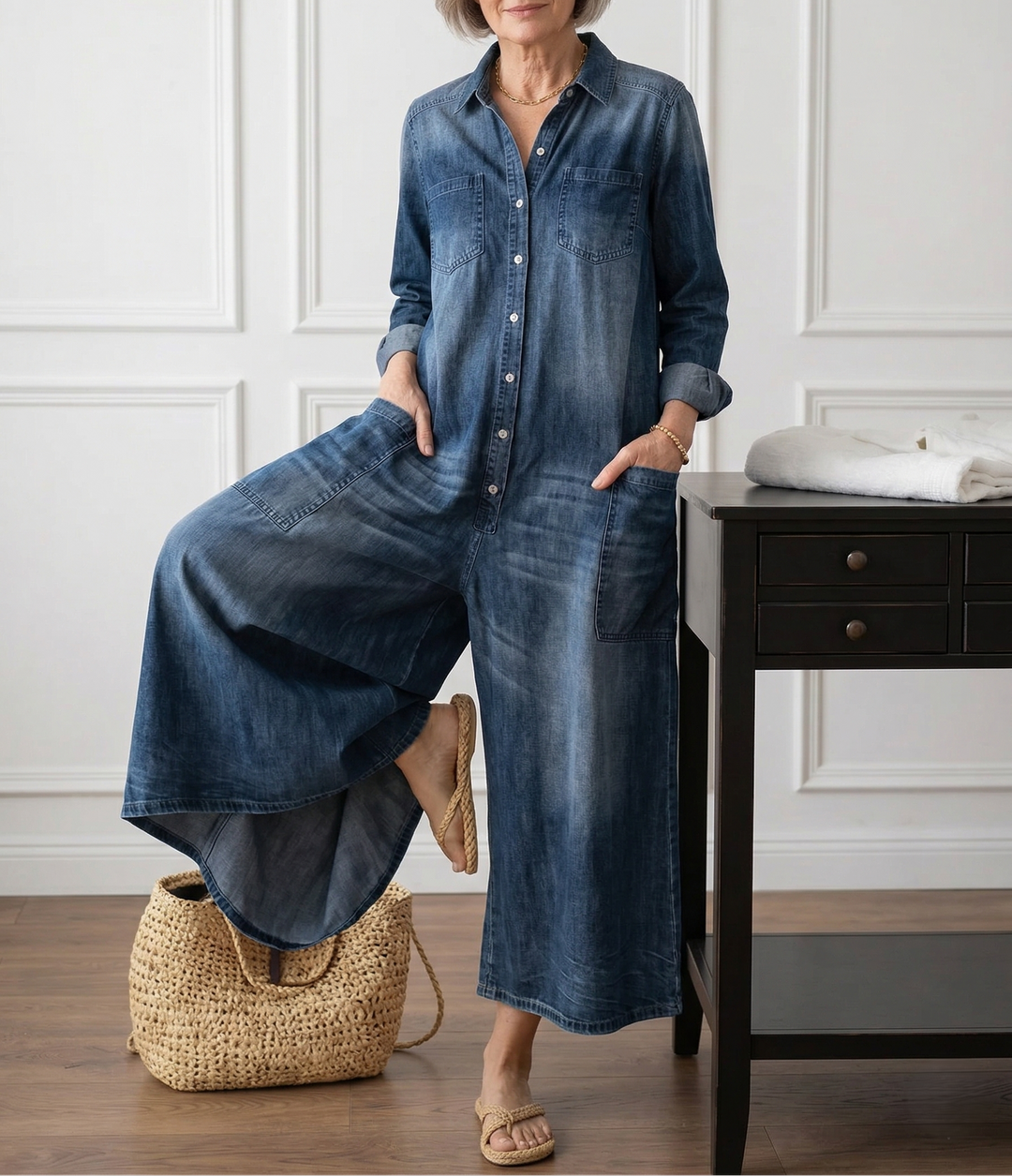 Diana | Vintage Washed Soft Cotton Denim Jumpsuit with Button Closure - Maison Léa &amp; Lou