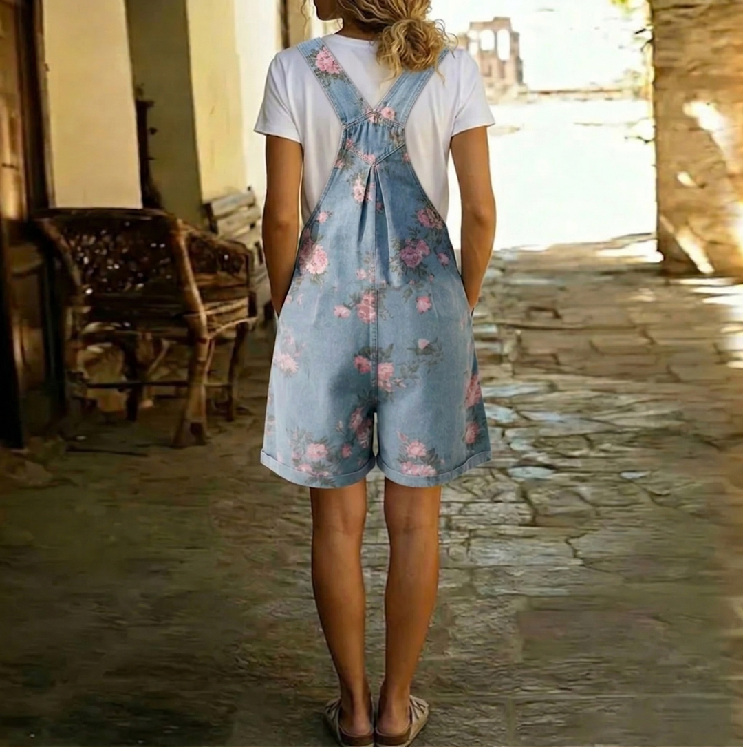 Judy | Vintage Washed Soft Cotton Feel Denim Floral Jumpsuit - Maison Léa &amp; Lou