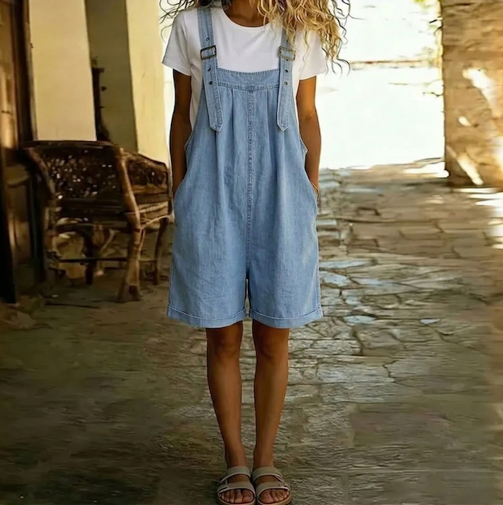Clara | Vintage Washed Soft Cotton Feel Denim Short Overall Light blue - Maison Léa &amp; Lou
