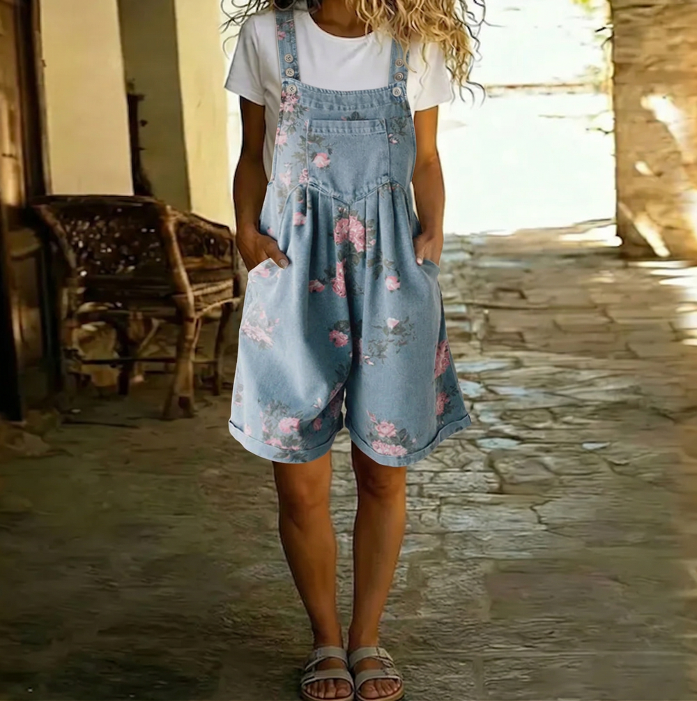 Judy | Vintage Washed Soft Cotton Feel Denim Floral Jumpsuit - Maison Léa & Lou