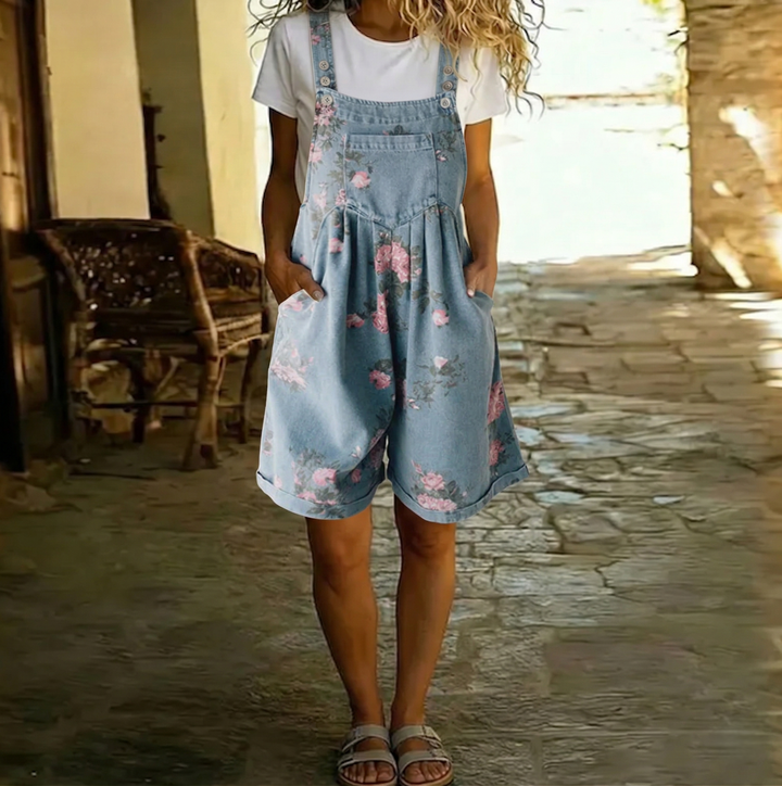 Judy | Vintage Washed Soft Cotton Feel Denim Floral Jumpsuit - Maison Léa &amp; Lou