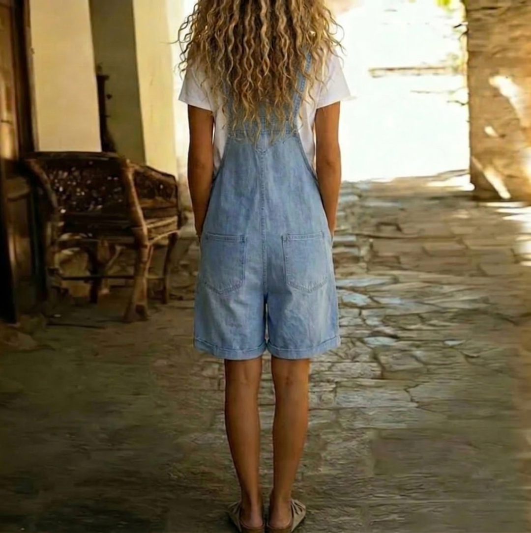Clara | Vintage Washed Soft Cotton Feel Denim Short Overall Light blue - Maison Léa &amp; Lou