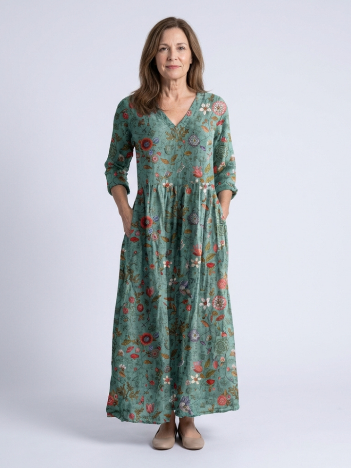 Marina | Floral V Neck Three Quarter Sleeve Maxi Dress - Maison Léa &amp; Lou