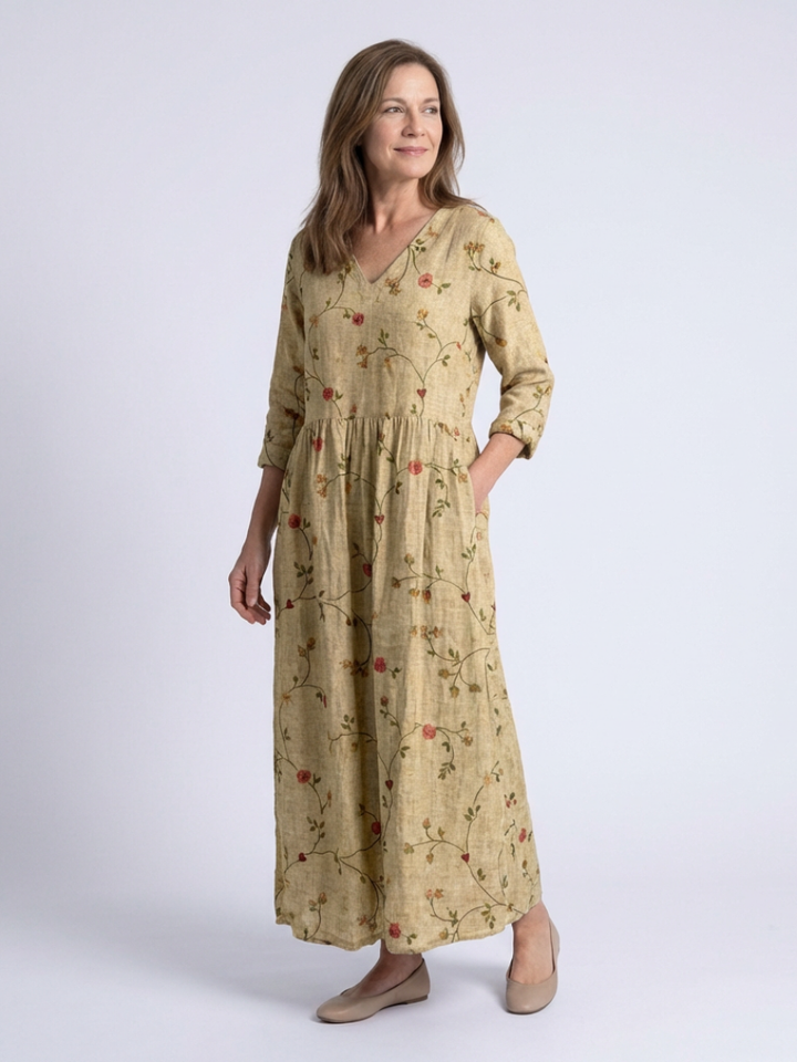 Marina | Floral V Neck Three Quarter Sleeve Maxi Dress - Maison Léa &amp; Lou