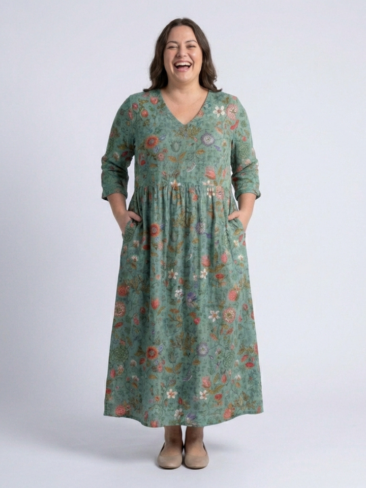 Marina | Floral V Neck Three Quarter Sleeve Maxi Dress - Maison Léa &amp; Lou