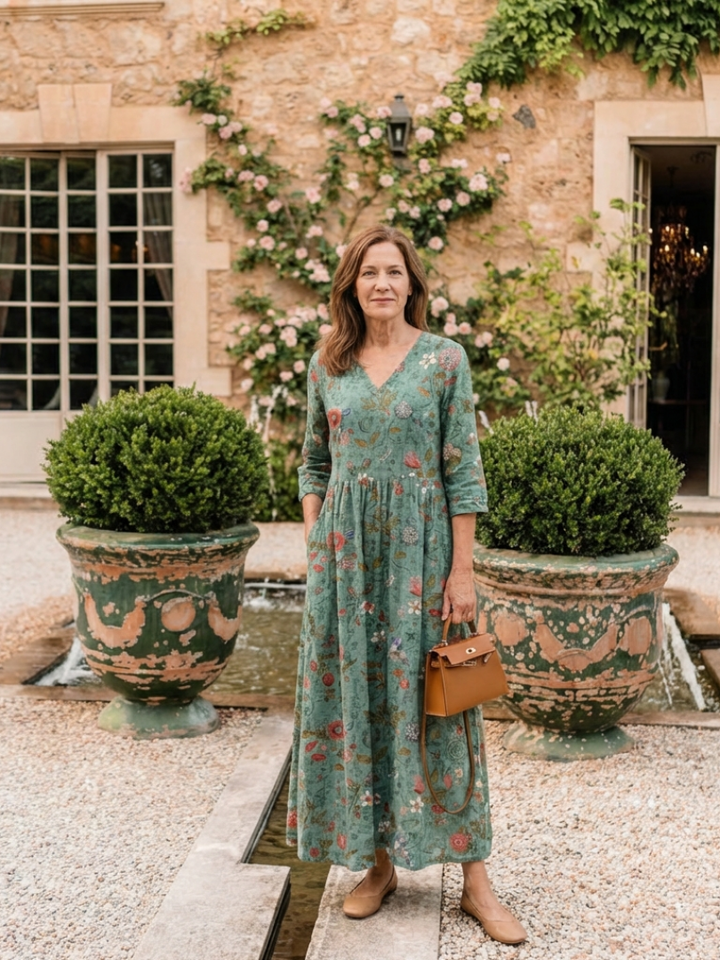 Marina | Floral V Neck Three Quarter Sleeve Maxi Dress - Maison Léa &amp; Lou