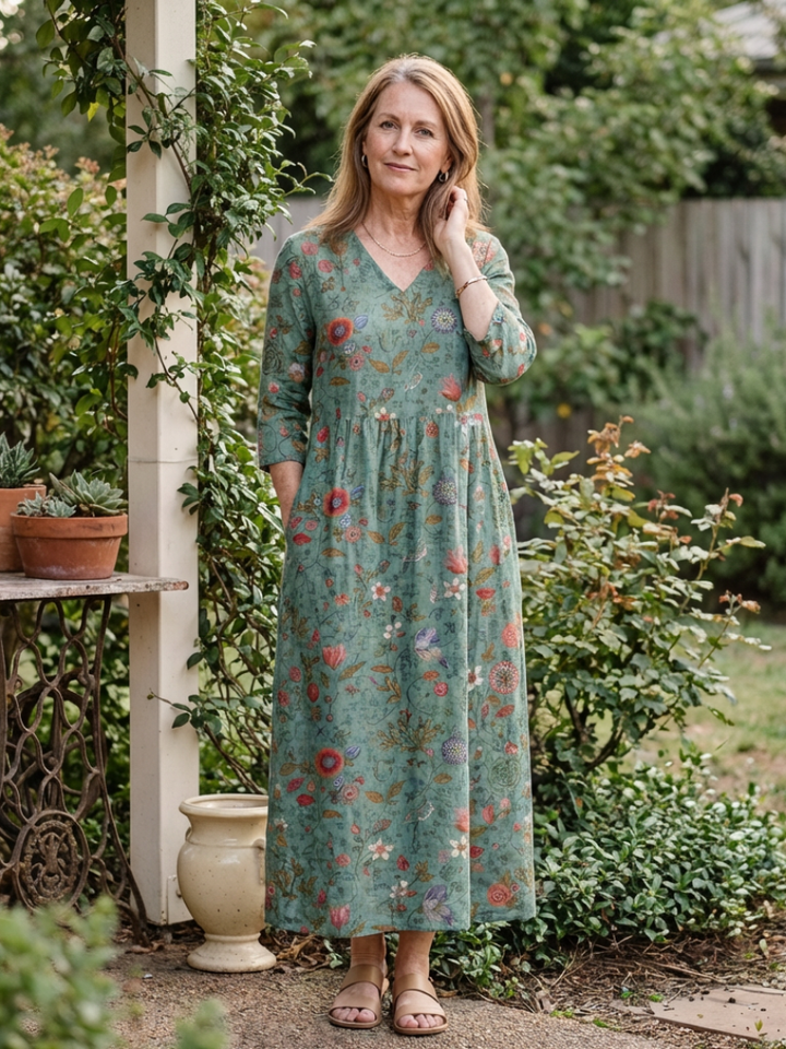 Marina | Floral V Neck Three Quarter Sleeve Maxi Dress - Maison Léa &amp; Lou