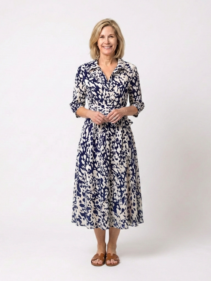 Oriana | Collared Long Sleeve Waist Tie Midi Dress - Maison Léa &amp; Lou