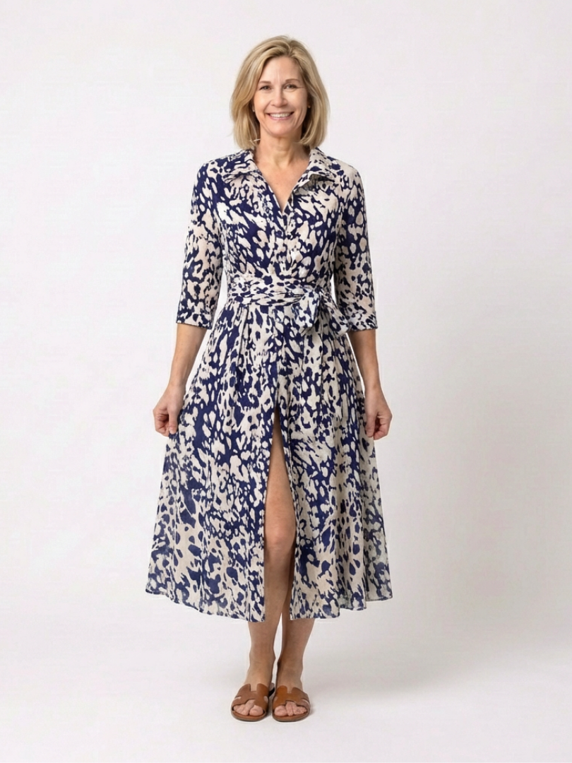 Oriana | Collared Long Sleeve Waist Tie Midi Dress - Maison Léa &amp; Lou