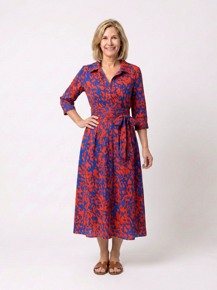 Oriana | Collared Long Sleeve Waist Tie Midi Dress - Maison Léa &amp; Lou