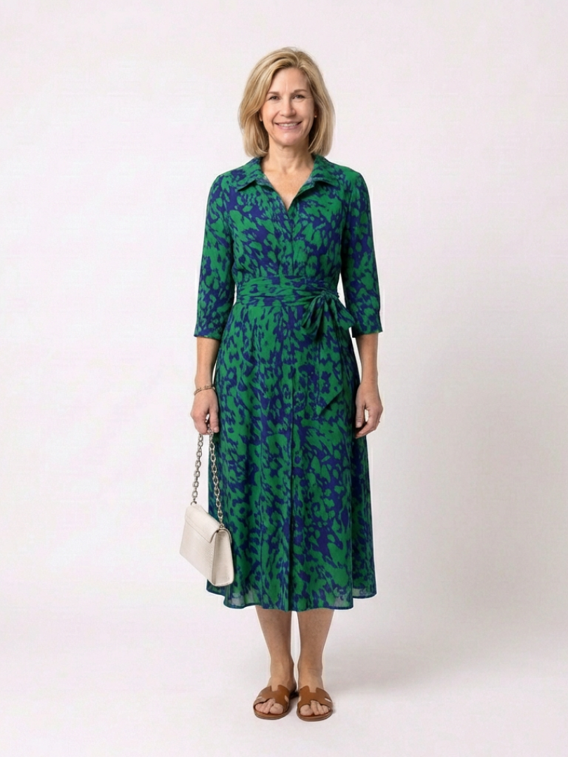 Oriana | Collared Long Sleeve Waist Tie Midi Dress - Maison Léa &amp; Lou