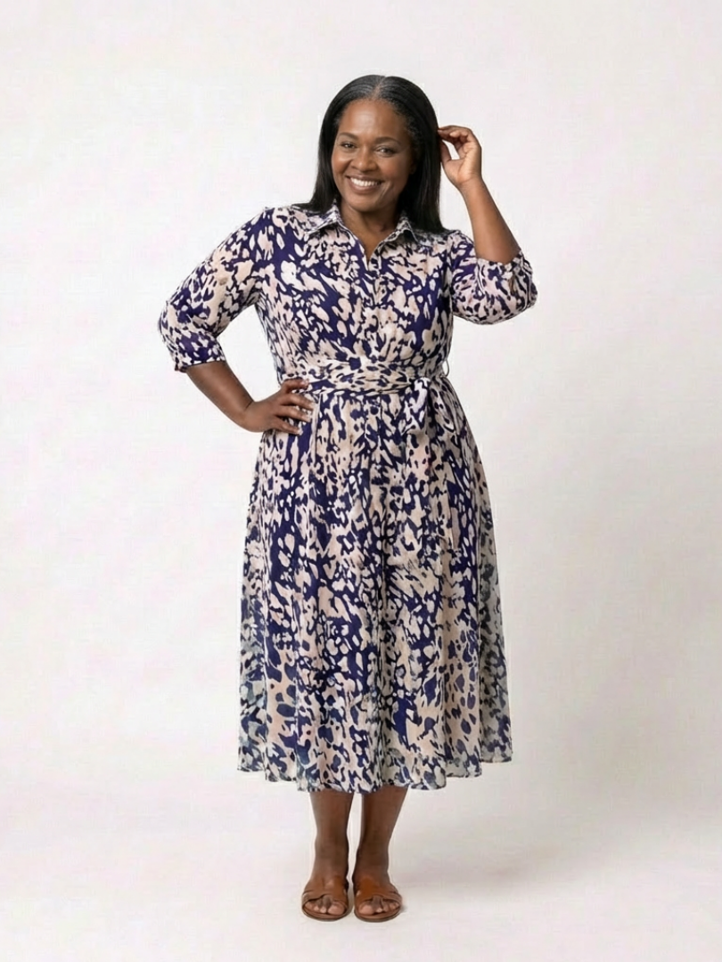 Oriana | Collared Long Sleeve Waist Tie Midi Dress - Maison Léa &amp; Lou