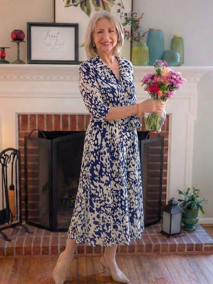Oriana | Collared Long Sleeve Waist Tie Midi Dress - Maison Léa &amp; Lou