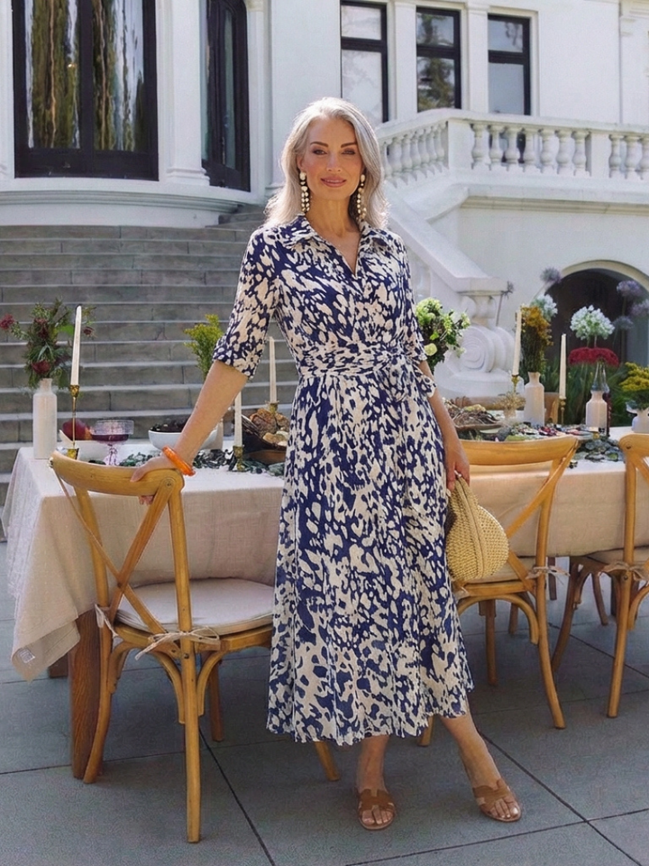 Oriana | Collared Long Sleeve Waist Tie Midi Dress - Maison Léa &amp; Lou