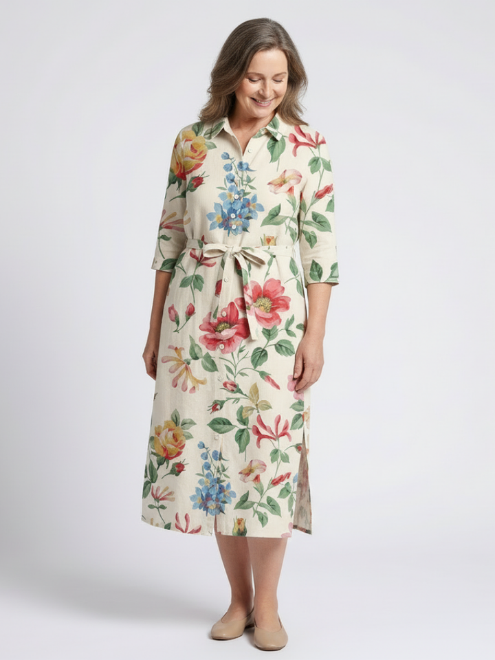Maribel | Button Front Half Sleeve Floral Midi Dress - Maison Léa &amp; Lou