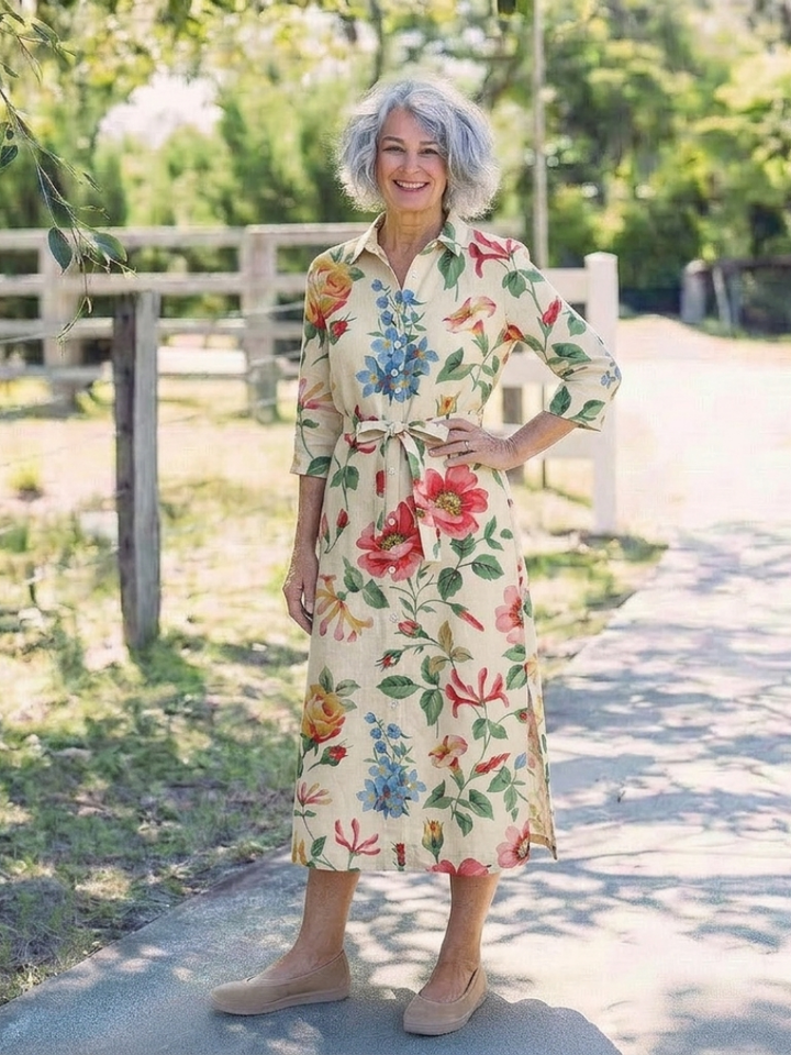 Maribel | Button Front Half Sleeve Floral Midi Dress - Maison Léa &amp; Lou