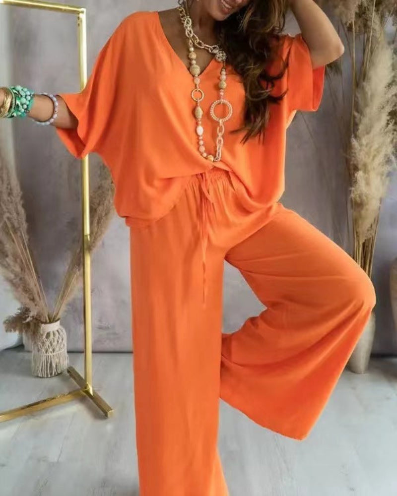 RAJA™ – Comfy Summer V-Neck and Wide-Leg Co-Ord - Maison Léa &amp; Lou
