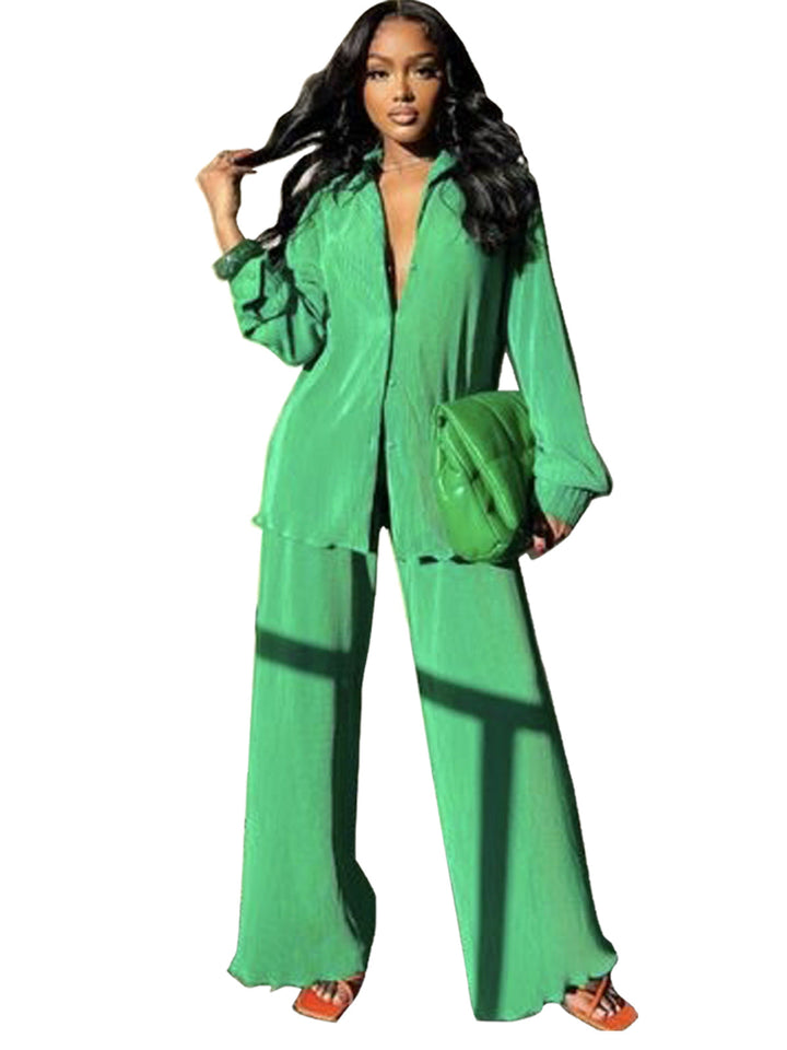 CLEO™ – Chic Collared Long Sleeve and Wide-Leg Pant Set