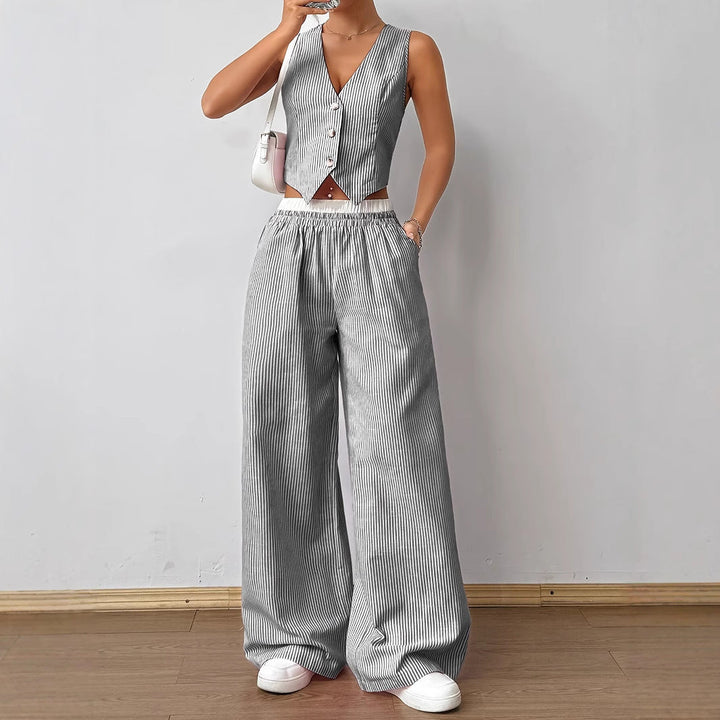 HELENA™ - Elegant Striped Print Vest Top &amp; Wide-Leg Pants Set