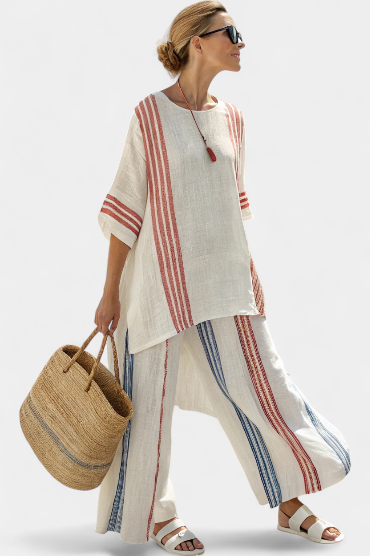 Solvane | Sophisticated Multicolor Striped Top &amp; Mediterranean Pants - Maison Léa &amp; Lou