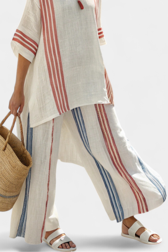 Solvane | Sophisticated Multicolor Striped Top &amp; Mediterranean Pants - Maison Léa &amp; Lou