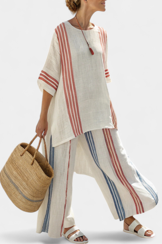 Solvane | Sophisticated Multicolor Striped Top &amp; Mediterranean Pants - Maison Léa &amp; Lou