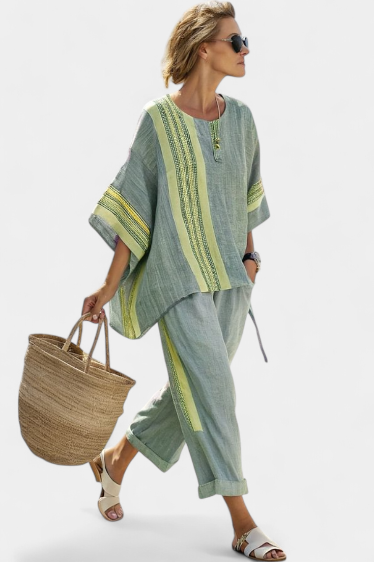 Elowric | Elegant Lavender Top &amp; Mustard Striped Pants - Maison Léa &amp; Lou