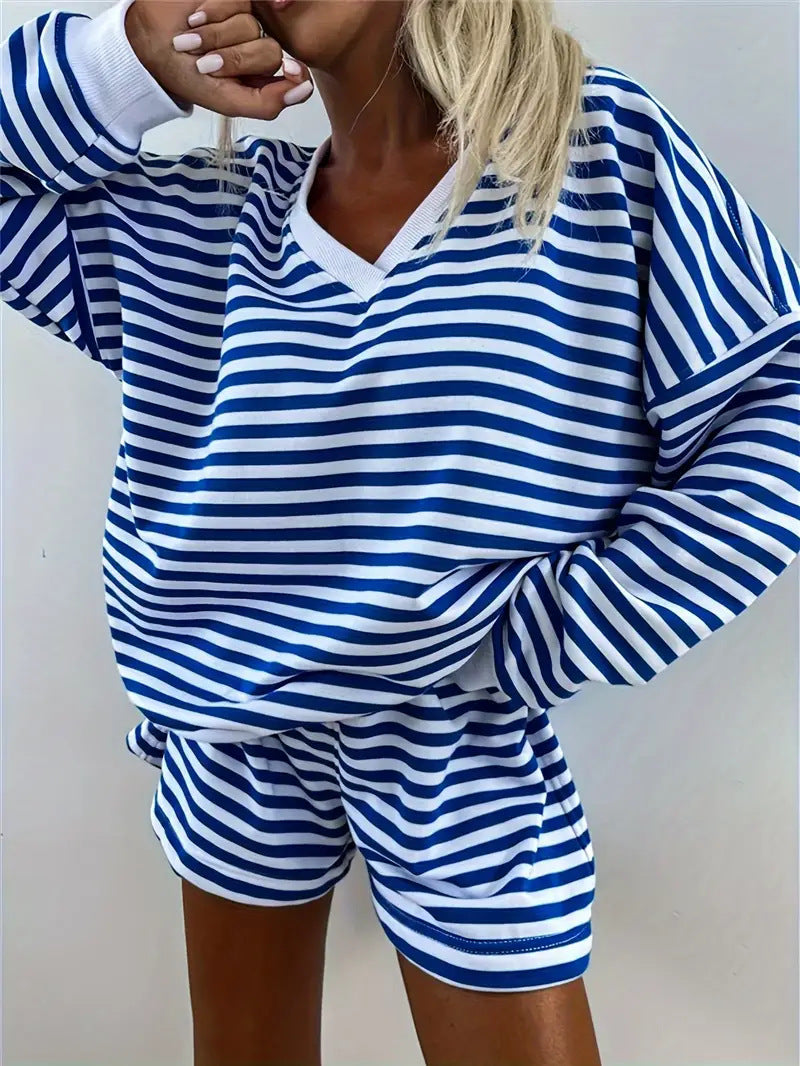 NOLANI™ – Relaxed Fit Striped V-Neck Lounge Set - Maison Léa & Lou