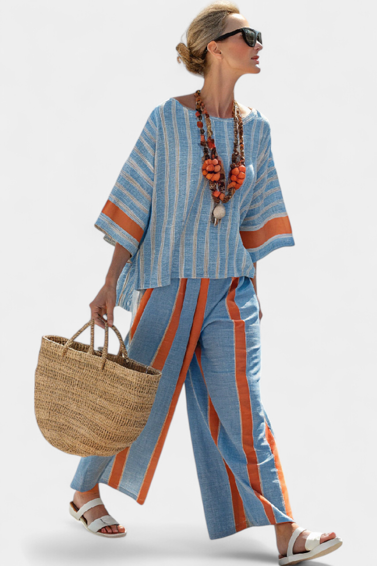 Velmere | Sophisticated Terracotta Striped Top &amp; Linen Pants - Maison Léa &amp; Lou