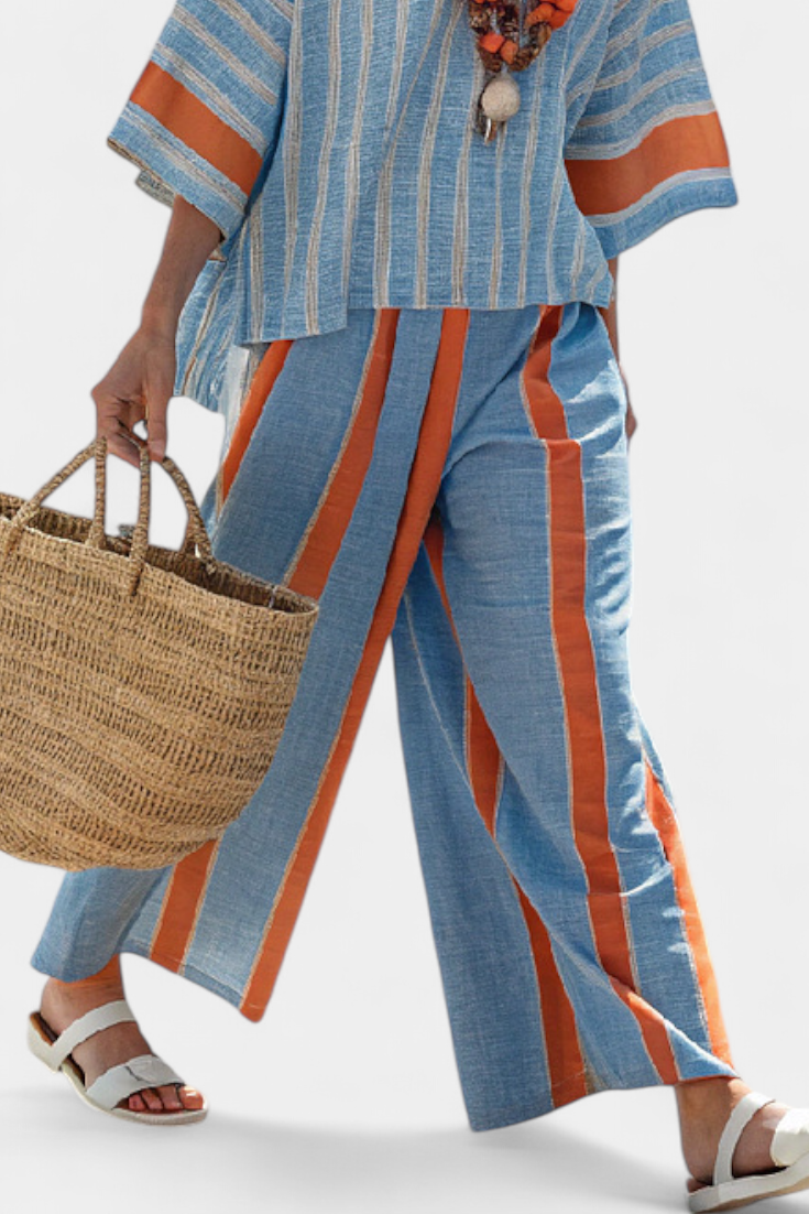 Velmere | Sophisticated Terracotta Striped Top &amp; Linen Pants - Maison Léa &amp; Lou