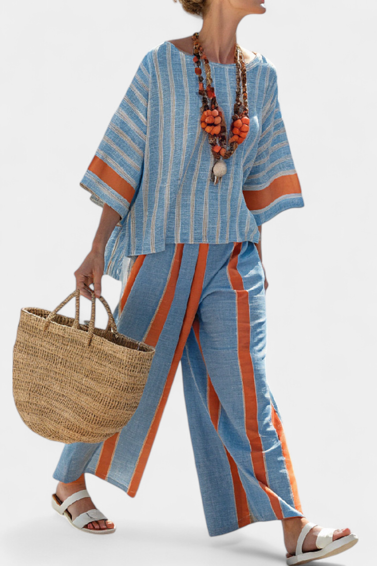 Velmere | Sophisticated Terracotta Striped Top &amp; Linen Pants - Maison Léa &amp; Lou